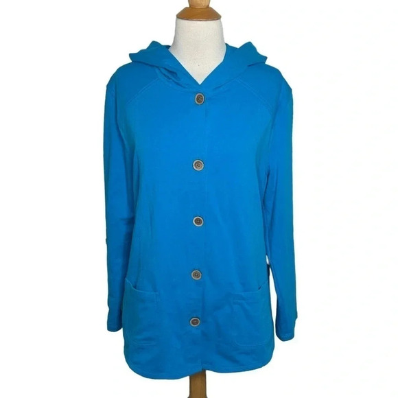 Susan Graver M blue french terry button down hooded jacket Beachy Casual Resort - Picture 1 of 7